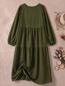 Rusticease Plus Size Women's Solid Color Round Neck Long Sleeve Casual Dress - Army Green - View 9