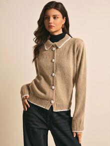 Poéselle Kardigan Lengan Panjang Kancing Tunggal dengan Trim Kontras - Khaki - View 4