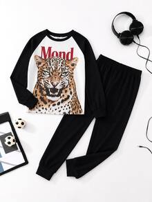 SHEIN Tween Boy Contrast Color Animal Print Crew Neck Long Sleeve Long Pants Casual Comfortable Slim Fit Loungewear Pajama Set 2pcs - Black and White - View 3