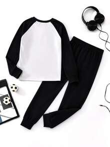 SHEIN Tween Boy Contrast Color Animal Print Crew Neck Long Sleeve Long Pants Casual Comfortable Slim Fit Loungewear Pajama Set 2pcs - Black and White - View 2