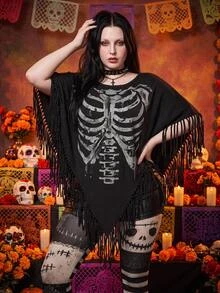 SHEIN ICON Plus Size Y2K Goth Vintage Distressed Skull Print Fringe Cape Top Day Of The Dead Going Out Night Party Black Summer - Black - View 1