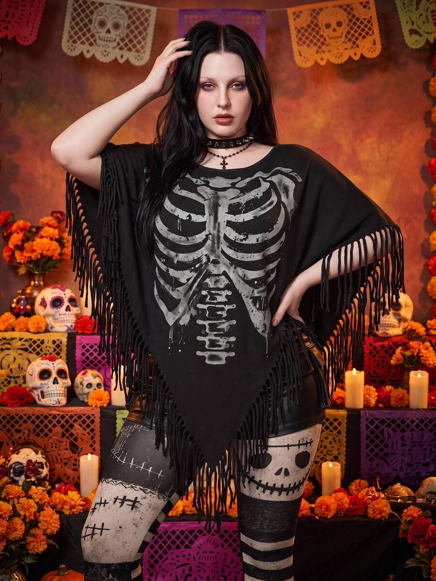SHEIN ICON Plus Size Y2K Goth Vintage Distressed Skull Print Fringe Cape Top Day Of The Dead Going Out Night Party Black Summer - Black - View 1