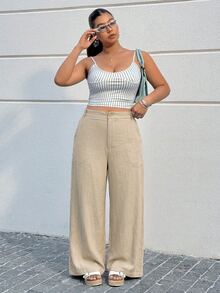 Muchica Plus Size Chocolate Brown Slant Pocket Casual Loose Pants Formal Vacation Autumn Fall Vacation Vacation Vacation - Camel - View 4