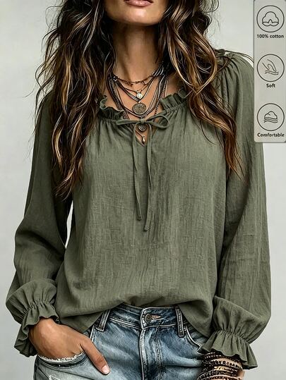Selamara Bohemian Vintage Olive Green Textured Pleated Long Sleeve Blouse For Women, Ruffle Square Neck With Tie Square Neck, Loose Lazy Flare Sleeve Vacation Style Top