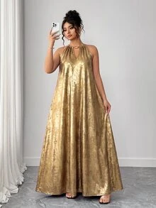 Elenzga 大尺碼女款優雅復古鍍金掛脖小V領無袖夏季海灘風寬鬆度假洋裝 - 金色 - 查看 8