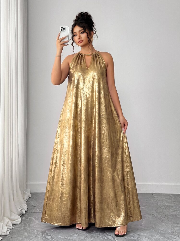 Elenzga Plus Size Women's Elegant Vintage Gilded Halter Neck Small V-Neck Sleeveless Summer Beach Style Loose Vacation Dress - Gold - View 8