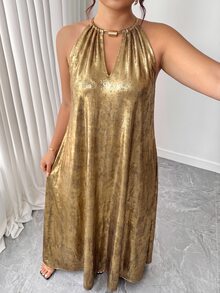 Elenzga 大尺碼女款優雅復古鍍金掛脖小V領無袖夏季海灘風寬鬆度假洋裝 - 金色 - 查看 5