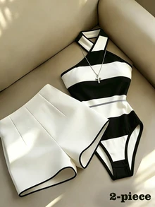 SHEIN Franclia 女款條紋掛脖連身衣與白色短褲套裝，對比飾邊，2件式夏季度假海灘穿搭，優雅休閒上衣，Y2K通勤社交辦公職場穿搭 - 黑與白 - 查看 1