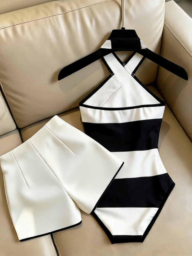 SHEIN Franclia Women's Striped Halter Neck Bodysuit And White Shorts Set With Contrast Trim, 2-Piece Summer Vacation Beach Outfit, Elegant Casual Top, Y2K Commuter Social Office Workwear - Black and White - View 2