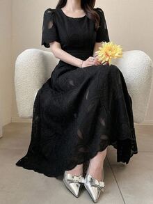 DAZY 女款優雅花卉蕾絲圓領花瓣袖中長洋裝，夏季陽光洋裝，女款婚禮賓客禮服 - 黑色 - 查看 7