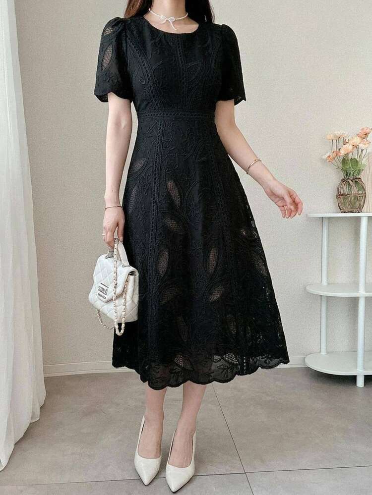 DAZY Women's Elegant Floral Lace Round Neck Petal Sleeve Mid-Length Dress, Summer Sun Dresses For Women Wedding Guest Dress Women - Black - View 5