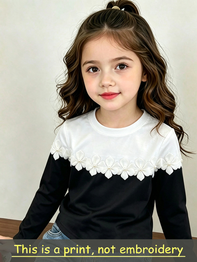 Elladie kids Atasan Anak Perempuan Muda Gaya Prancis Lembut, Atasan Lengan Panjang Leher Bulat Warna Kontras, Motif Bunga Mutiara 3D, Hitam Putih