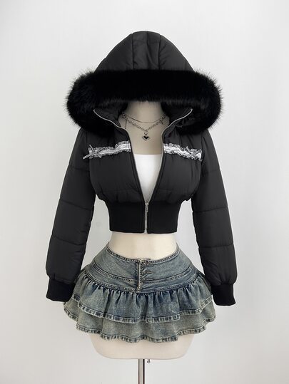 Elamini Abrigo corto acolchado para mujer con capucha y cuello desmontable de piel sintética, decoración de lazo en patchwork blanco y negro, cintura ceñida, cuello alto, manga larga, estilo americano Y2K, lindo y dulce, casual para otoño/invierno