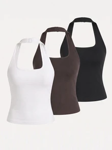 Tween Girls Tank Tops Kids Black White Brown 3pcs Packs Casual Streetwear Minimalist Suitable For All Seasons Summer - Multicolor - View 2