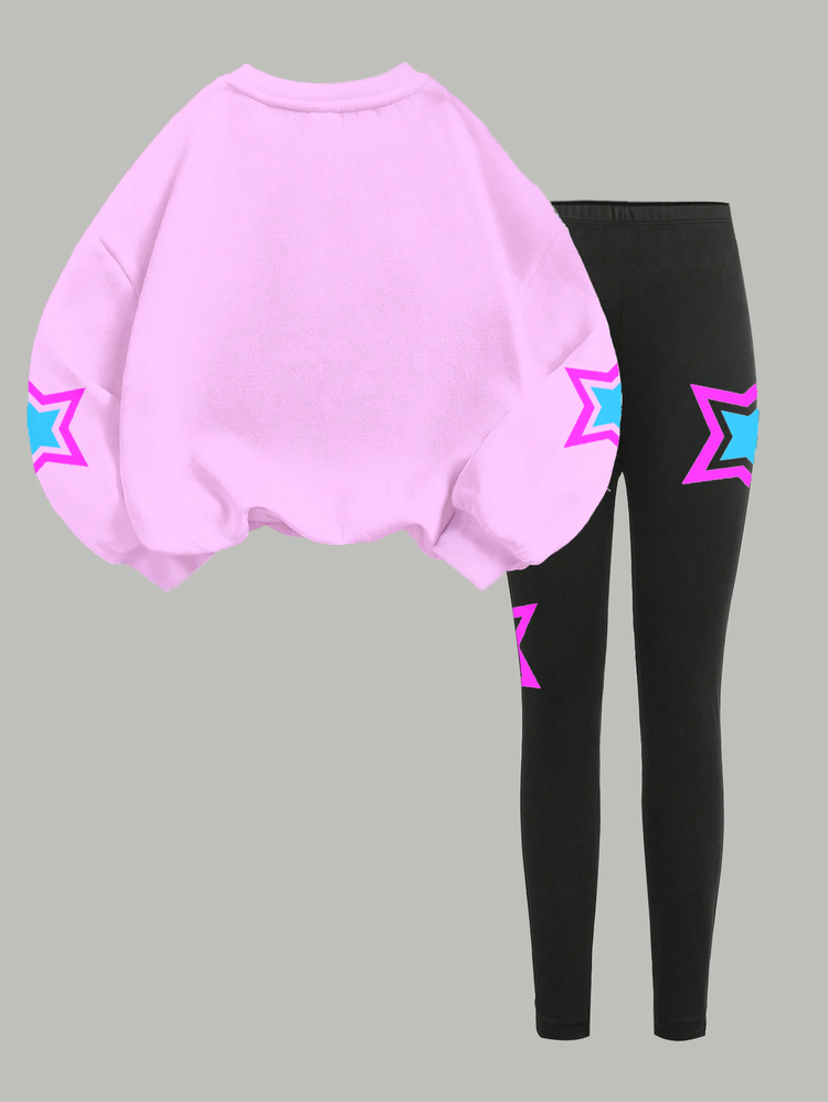 Pink & Black Millennium Sweet Cool Style Cute Cartoon Girl Group Print, Dopamine Star Pattern, Girls Casual Fleece Soft Loose Crew Neck Pullover Sweatshirt & Brushed Leggings Set, New Autumn/Winter Daily, Campus, Outing, Holiday, Street Dance, American High Street Teen Fashion, Sweet Cool Relaxed Style - Multicolor - View 3