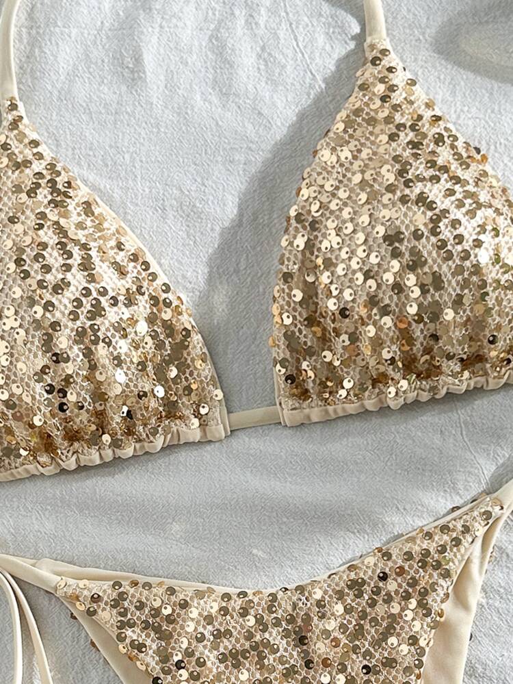Costavie 2pcs Sequin Textured Fabric Triangle Cup Bra And Side Tie Bikini Swimwear Set, Sexy Women Summer Holiday - Champagne - View 6