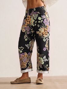Bohemela Women's Casual Tapered Pants With Floral Pattern And Shirred Waist - Black - View 4