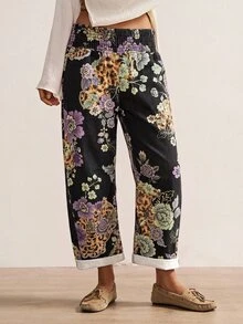 Bohemela Women's Casual Tapered Pants With Floral Pattern And Shirred Waist - Black - View 5