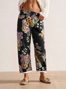 Bohemela Women's Casual Tapered Pants With Floral Pattern And Shirred Waist - Black - View 8