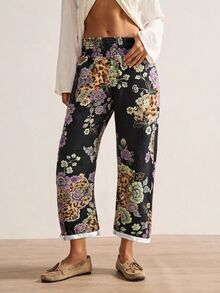 Bohemela Women's Casual Tapered Pants With Floral Pattern And Shirred Waist - Black - View 7