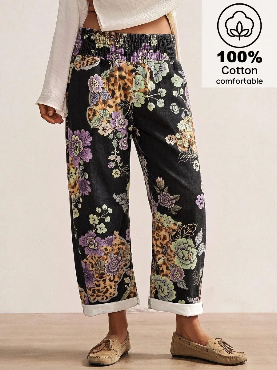 Bohemela Women's Casual Tapered Pants With Floral Pattern And Shirred Waist - Black - View 1