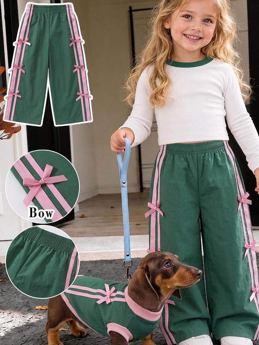 SHEIN بنطلون كاجوال بساق مستقيمة أخضر للبنات للربيع والخريف، مع شريط وردي وفيونكات، تصميم ألوان متناسقة حلوة وباردة، أسلوب كاجوال عتيق، رائع للخروجات اليومية - أخضر - مشاهدة 1