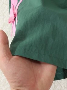 SHEIN Girls' Green Straight Leg Casual Pants For Spring & Autumn, Pink Webbing & Bows, Sweet-Cool Color Block, Retro Casual Style, Great For Daily Outings - Green - View 5