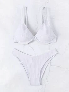 Costavie Women's Summer Beach Solid Color Ribbed Sexy Fashion Bikini Two-Piece Swimwear Set - White - View 6