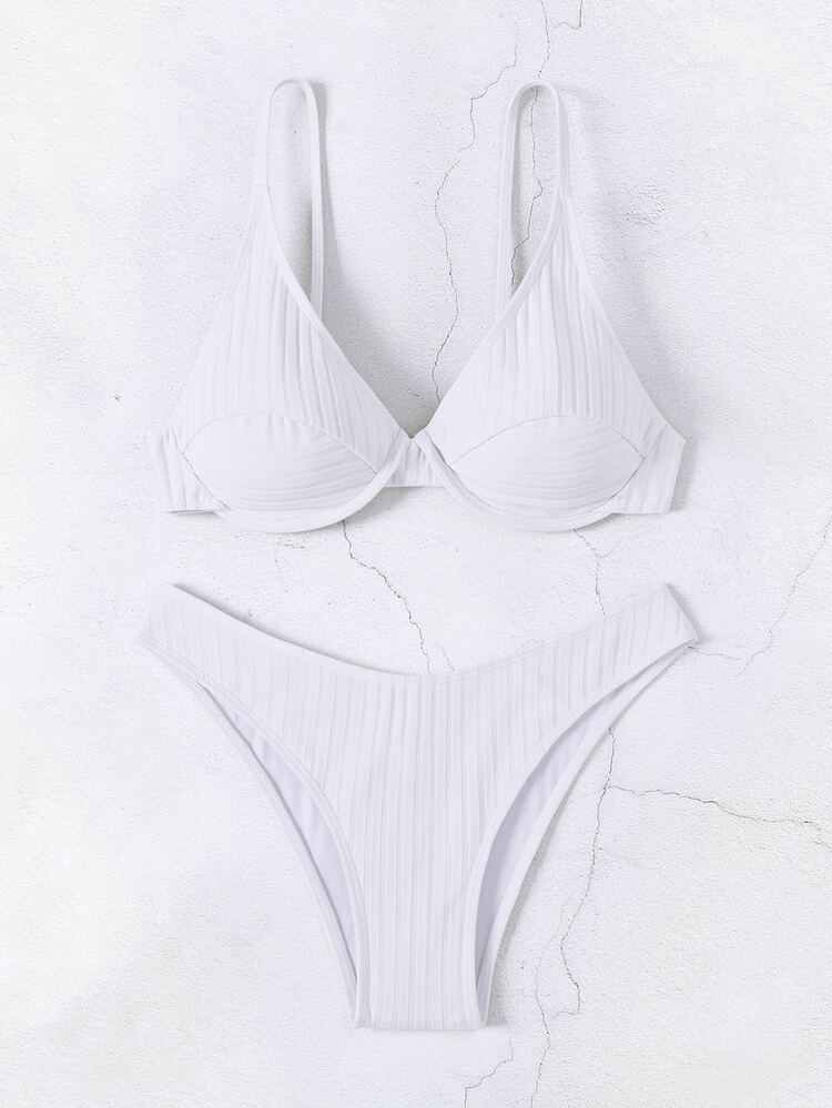 Costavie Women's Summer Beach Solid Color Ribbed Sexy Fashion Bikini Two-Piece Swimwear Set - White - View 6