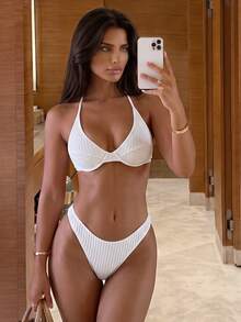 Costavie Women's Summer Beach Solid Color Ribbed Sexy Fashion Bikini Two-Piece Swimwear Set - White - View 1