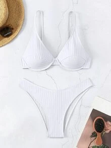 Costavie Women's Summer Beach Solid Color Ribbed Sexy Fashion Bikini Two-Piece Swimwear Set - White - View 5