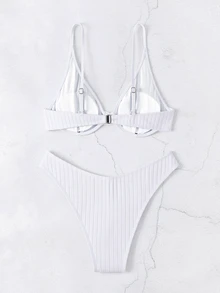 Costavie Women's Summer Beach Solid Color Ribbed Sexy Fashion Bikini Two-Piece Swimwear Set - White - View 2