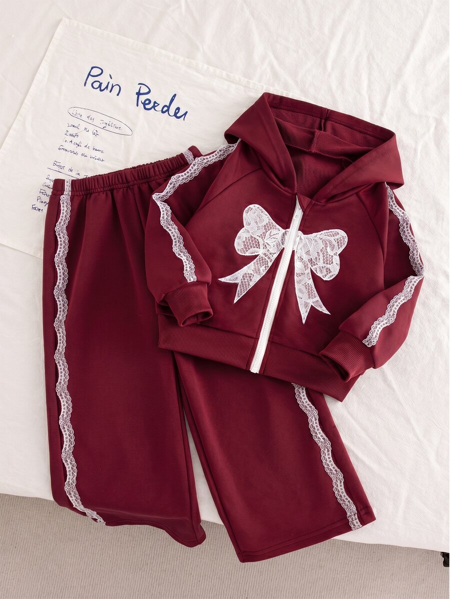 SHEIN 女童休閒街頭風 PU 皮革拼接色口袋拉鍊外套 3/4 袖翻領寬鬆款 橘棕色 保暖加厚 日常秋季生日穿搭 - 酒紅色 - 查看 1
