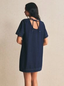 Poéselle 女士纯色简约休闲短袖牛仔连衣裙，夏季新款女士休闲连衣裙，纯棉休闲连衣裙，女士连衣裙，女士休闲夏季连衣裙，母亲节连衣裙，Zanzea 女士连衣裙，休闲女士连衣裙，短袖连衣裙，母亲节连衣裙，牛仔女士连衣裙，短款连衣裙，荷叶边连衣裙，100% 纯棉服装，女士连衣裙，休闲连衣裙，夏季女士休闲吊带裙 - 深色水洗藍 - 查看 6