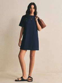 Poéselle 女士纯色简约休闲短袖牛仔连衣裙，夏季新款女士休闲连衣裙，纯棉休闲连衣裙，女士连衣裙，女士休闲夏季连衣裙，母亲节连衣裙，Zanzea 女士连衣裙，休闲女士连衣裙，短袖连衣裙，母亲节连衣裙，牛仔女士连衣裙，短款连衣裙，荷叶边连衣裙，100% 纯棉服装，女士连衣裙，休闲连衣裙，夏季女士休闲吊带裙 - 深色水洗藍 - 查看 8