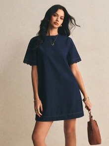 Poéselle 女士纯色简约休闲短袖牛仔连衣裙，夏季新款女士休闲连衣裙，纯棉休闲连衣裙，女士连衣裙，女士休闲夏季连衣裙，母亲节连衣裙，Zanzea 女士连衣裙，休闲女士连衣裙，短袖连衣裙，母亲节连衣裙，牛仔女士连衣裙，短款连衣裙，荷叶边连衣裙，100% 纯棉服装，女士连衣裙，休闲连衣裙，夏季女士休闲吊带裙 - 深色水洗藍 - 查看 5