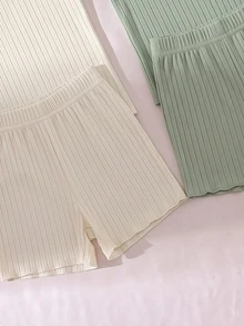 2 Sets Teen Girls Blind Box Style 6-Piece 2 Tops And Shorts Set, Solid Color Ribbed Fabric Design For Minimalist Versatile Look, Color Palette Includes Dark Brown, Gray, Light Pink, Beige, White, Soft Ribbed Knit Fabric With Smooth Skin-Friendly Touch And Good Drape, Comfortable And Fitted - Multicolor - View 4