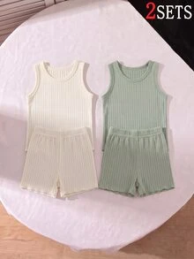 2 Sets Teen Girls Blind Box Style 6-Piece 2 Tops And Shorts Set, Solid Color Ribbed Fabric Design For Minimalist Versatile Look, Color Palette Includes Dark Brown, Gray, Light Pink, Beige, White, Soft Ribbed Knit Fabric With Smooth Skin-Friendly Touch And Good Drape, Comfortable And Fitted - Multicolor - View 1