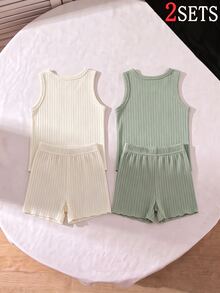 2 Sets Teen Girls Blind Box Style 6-Piece 2 Tops And Shorts Set, Solid Color Ribbed Fabric Design For Minimalist Versatile Look, Color Palette Includes Dark Brown, Gray, Light Pink, Beige, White, Soft Ribbed Knit Fabric With Smooth Skin-Friendly Touch And Good Drape, Comfortable And Fitted - Multicolor - View 2