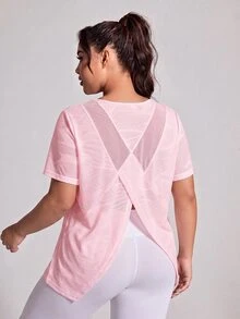 SHEIN Rhythm Era Women's Plus Size Sports Yoga Outdoor Gym Short Sleeve Top With Back Criss-Cross Mesh Patchwork - Baby Pink - View 7