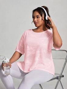 SHEIN Rhythm Era Women's Plus Size Sports Yoga Outdoor Gym Short Sleeve Top With Back Criss-Cross Mesh Patchwork - Baby Pink - View 2