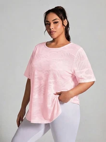 SHEIN Rhythm Era Women's Plus Size Sports Yoga Outdoor Gym Short Sleeve Top With Back Criss-Cross Mesh Patchwork - Baby Pink - View 3