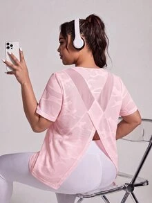 SHEIN Rhythm Era Women's Plus Size Sports Yoga Outdoor Gym Short Sleeve Top With Back Criss-Cross Mesh Patchwork - Baby Pink - View 6
