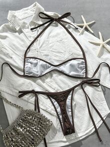 Costavie Swim Vcay 兩件式比基尼套裝，春夏海灘度假款，亮片紋理布料，掛脖平胸式上衣搭配側綁繩丁字褲，性感 - 咖啡棕 - 查看 2