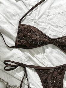 Costavie Swim Vcay 兩件式比基尼套裝，春夏海灘度假款，亮片紋理布料，掛脖平胸式上衣搭配側綁繩丁字褲，性感 - 咖啡棕 - 查看 4