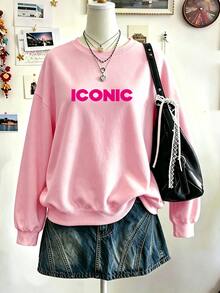 SHEIN LUNE 女款字母印花長袖運動衫，度假風街頭穿搭 - 粉色 - 查看 2