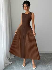 Rafferiza Women's Spring/Summer Minimalist Design Sense Stand Collar Sleeveless Pleated A-Line Dress - Brown - View 7