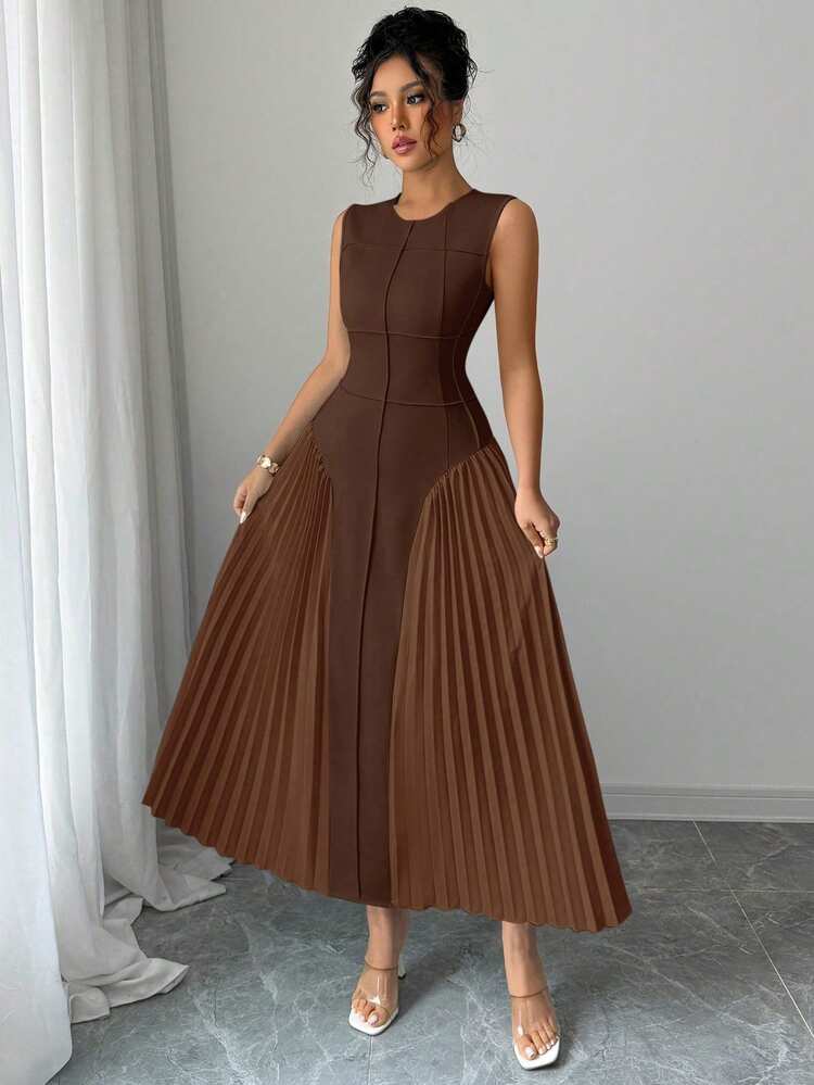Rafferiza Women's Spring/Summer Minimalist Design Sense Stand Collar Sleeveless Pleated A-Line Dress - Brown - View 7