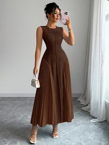 Rafferiza Women's Spring/Summer Minimalist Design Sense Stand Collar Sleeveless Pleated A-Line Dress - Brown - View 8