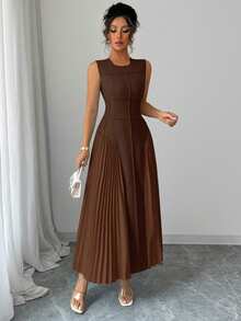 Rafferiza Women's Spring/Summer Minimalist Design Sense Stand Collar Sleeveless Pleated A-Line Dress - Brown - View 3